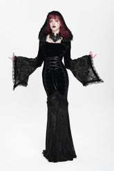 Black Long Trumpet Sleeves Embroidery Stitching Lace Hooded Mesh Women's Gothic Dress
